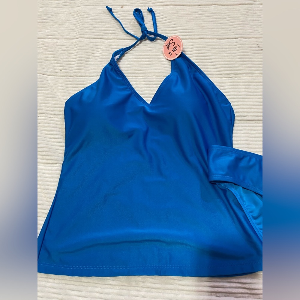 Brand new Bobbie and brooks blue two piece tankini, ties on back of the neck